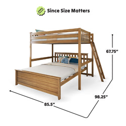 Wooden twin over full bunk bed with ladder, featuring dimensions 85.5 inches long, 98.25 inches wide, and 67.75 inches high.