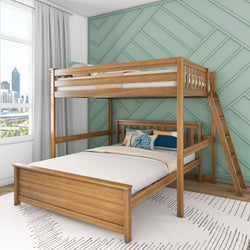 Wooden bunk bed with mint green accent wall and city view from window.