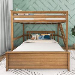 Wooden bunk bed with ladder in a modern bedroom, featuring decorative pillows and a geometric accent wall.