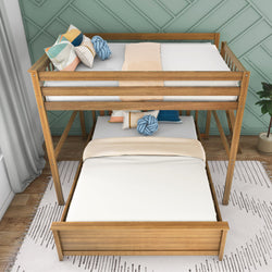 Wooden bunk bed with pull-out trundle and colorful pillows in a modern bedroom.