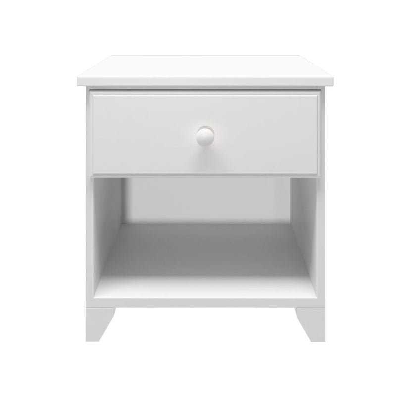 White wooden nightstand with a single drawer and open shelf, ideal for bedroom storage and decor.