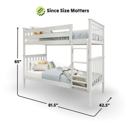 White wooden bunk bed with mattresses, bedding, and measurements of 65 inches high, 81.5 inches long, and 42.5 inches wide.