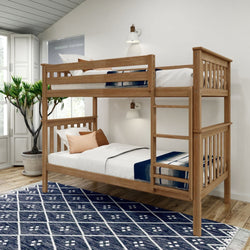 Wooden bunk bed with white and blue bedding in a modern bedroom with natural light and a potted plant.