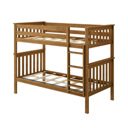 Wooden bunk bed frame with ladder and slatted design for small spaces.