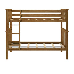 Wooden bunk bed frame with ladder, ideal for space-saving in kids' bedrooms.