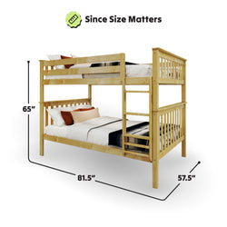 Wooden bunk bed with mattress dimensions, 65 inches high, 81.5 inches long, and 57.5 inches wide, ideal for children's rooms.