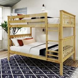 Wooden bunk bed in a modern bedroom with cozy bedding and decorative rug.