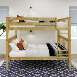 Wooden bunk bed with cozy bedding in a modern, bright bedroom.