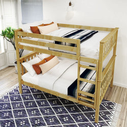 Wooden bunk bed with comfortable bedding and decorative pillows in a bright, modern bedroom.