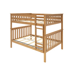 Wooden L-shaped bunk bed with open frame design for kids' bedroom.