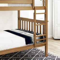 Wooden bunk bed with ladder and black-and-white blanket in modern bedroom.