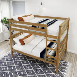 Wooden bunk bed with white bedding and colorful pillows in a modern bedroom setting.