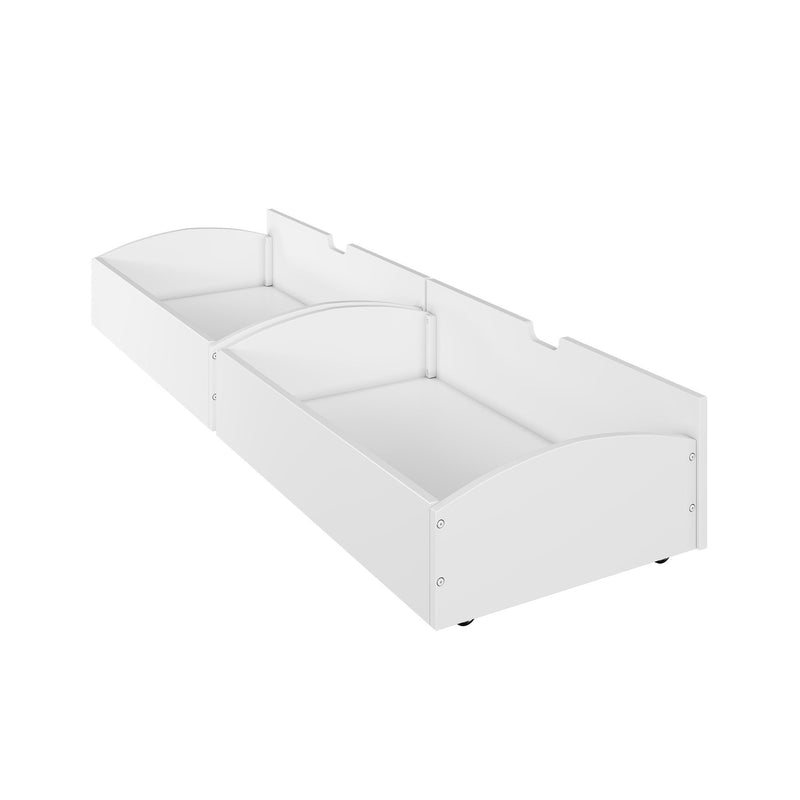 White wooden under-bed storage drawer with divided compartments and caster wheels for bedroom organization
