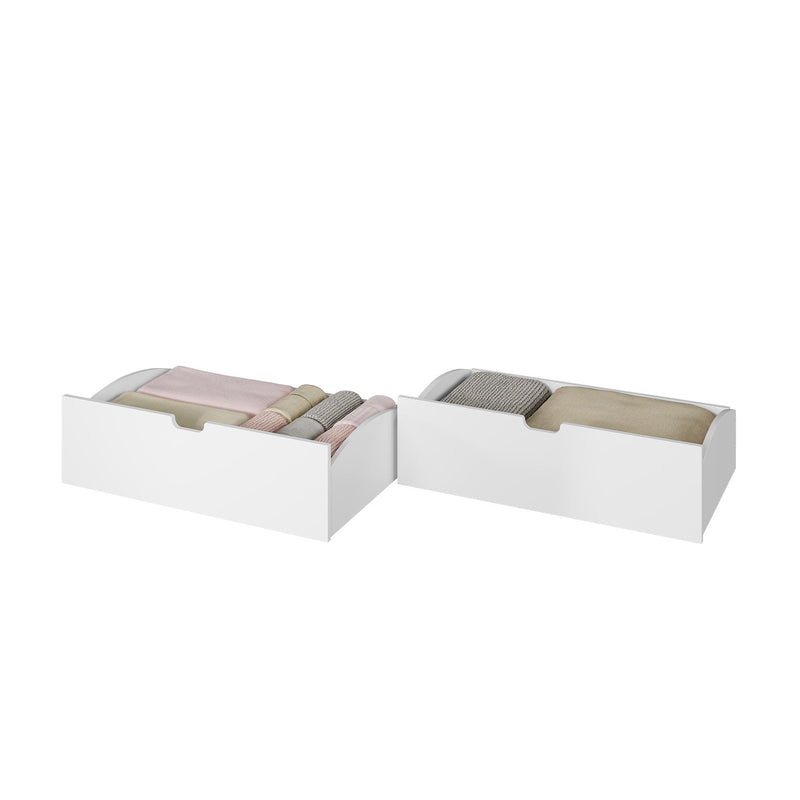 White wooden storage drawers with neatly folded pastel towels and knit blankets, linen storage and closet organization solution