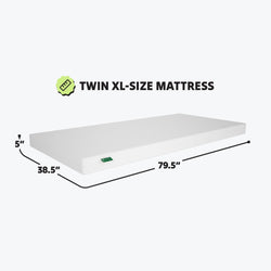 Twin XL-size mattress dimensions 38.5 by 79.5 inches, white 5-inch thick mattress for comfortable sleep.