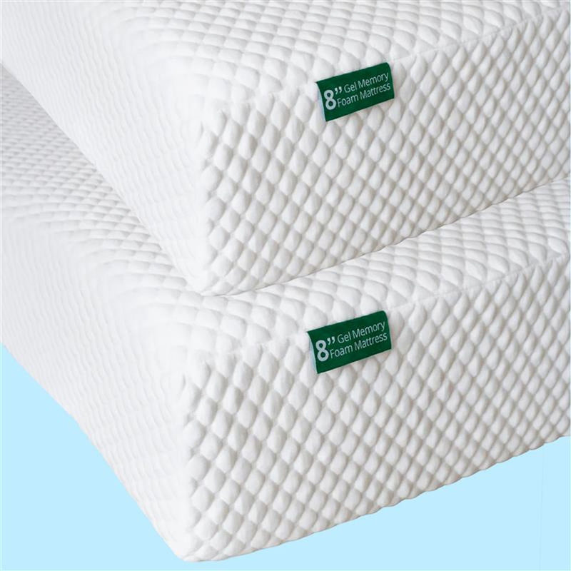 8-inch gel-infused memory foam mattress with textured white quilted cover, cooling pressure-relief and supportive foam