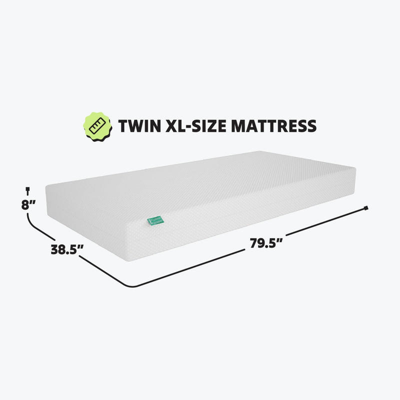 Twin XL mattress with white textured cover, extra-long twin 79.5 x 38.5 x 8 inches — low-profile mattress ideal for dorms and small bedrooms