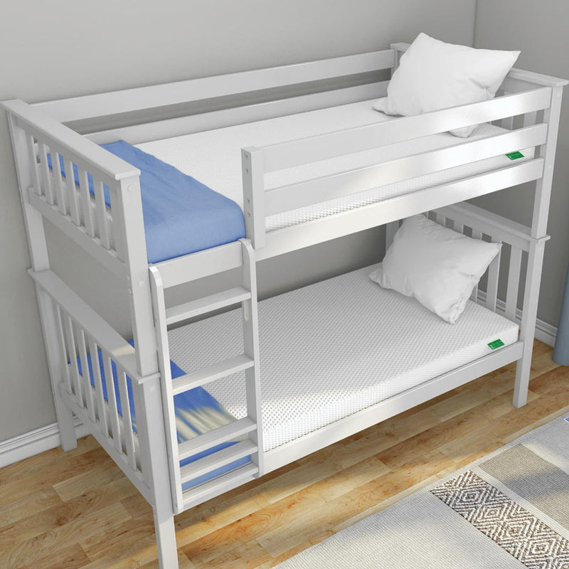 White wooden bunk bed with blue accents in a modern bedroom setting.
