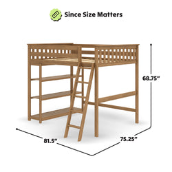 Loft bed with wooden shelves and ladder, dimensions 81.5 inches wide, 75.25 inches deep, and 68.75 inches tall.