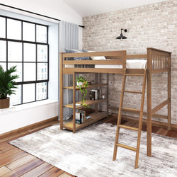 Wooden loft bed with ladder in modern bedroom featuring brick accent wall and large window for natural light.