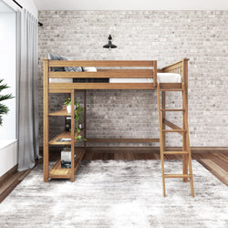 Wooden loft bed with ladder and built-in shelves against a brick wall in modern bedroom.