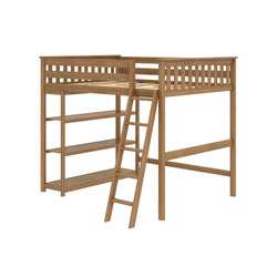Wooden loft bed with ladder and built-in shelves, perfect for maximizing small bedroom spaces.