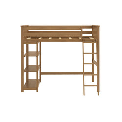Wooden loft bed with integrated ladder and built-in shelving, ideal for maximizing space in kids' rooms.