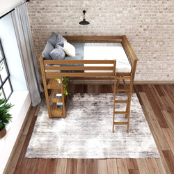 Stylish wooden loft bed with bookshelf and ladder in a modern cozy room featuring a textured rug and exposed brick wall.