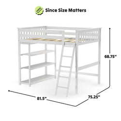 White wooden twin loft bed with angled ladder, three open shelves, slatted mattress support and guardrails — space-saving kids' bedroom furniture; dimensions 81.5 in x 75.25 in x 68.75 in