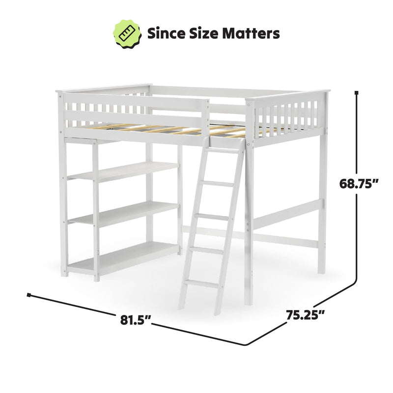 White wooden twin loft bed with angled ladder, three open shelves, slatted mattress support and guardrails — space-saving kids' bedroom furniture; dimensions 81.5 in x 75.25 in x 68.75 in