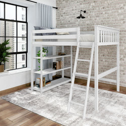 White loft bed with integrated shelves and ladder in modern bedroom.