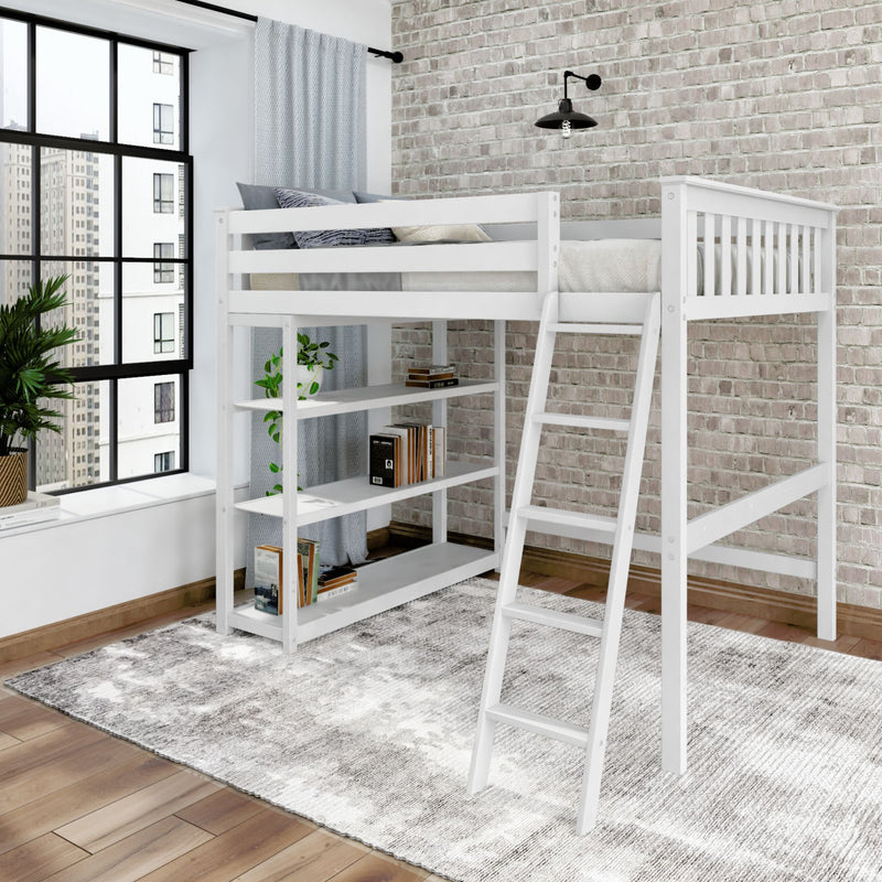 White loft bed with integrated shelves and ladder in modern bedroom.