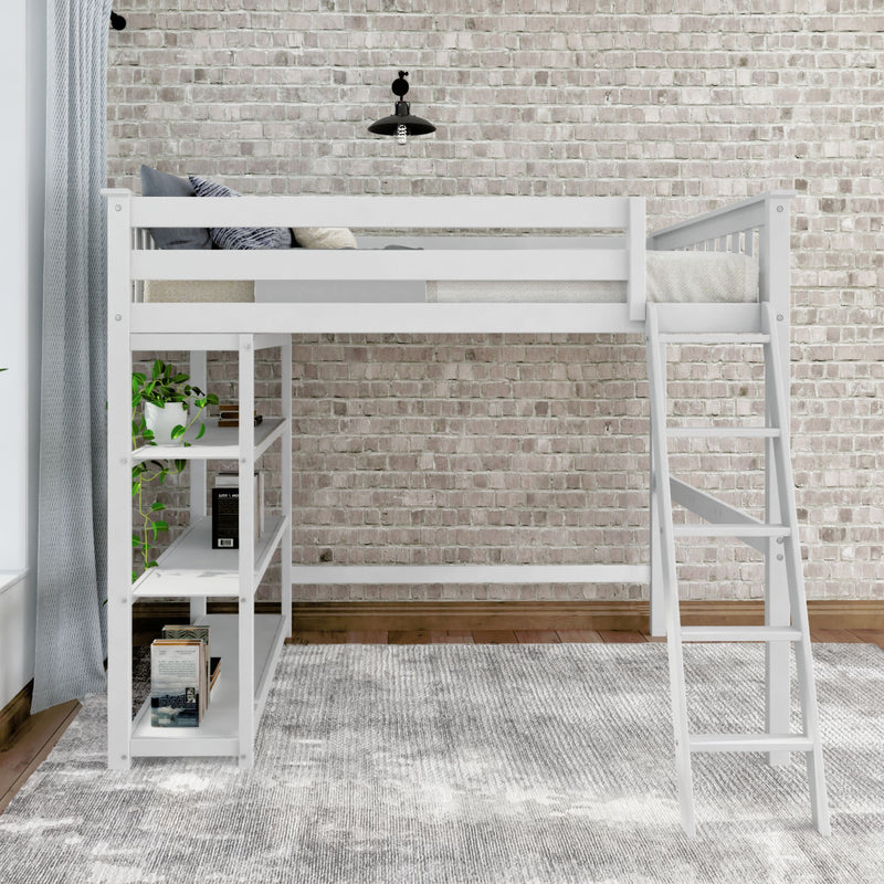 White loft bed with ladder and shelves against a brick wall, modern bedroom furniture.