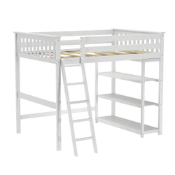 White loft bed with ladder and integrated shelves for space-saving bedroom design.