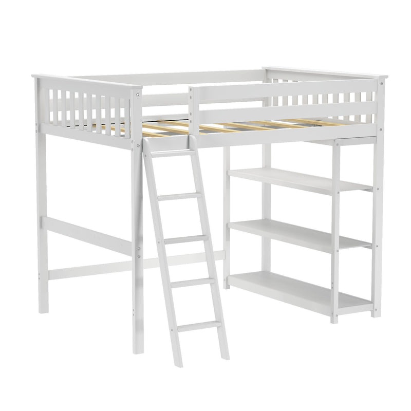 White loft bed with ladder and integrated shelves for space-saving bedroom design.