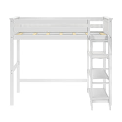 White loft bed frame with integrated ladder and shelving, perfect for maximizing space in a modern bedroom setup.