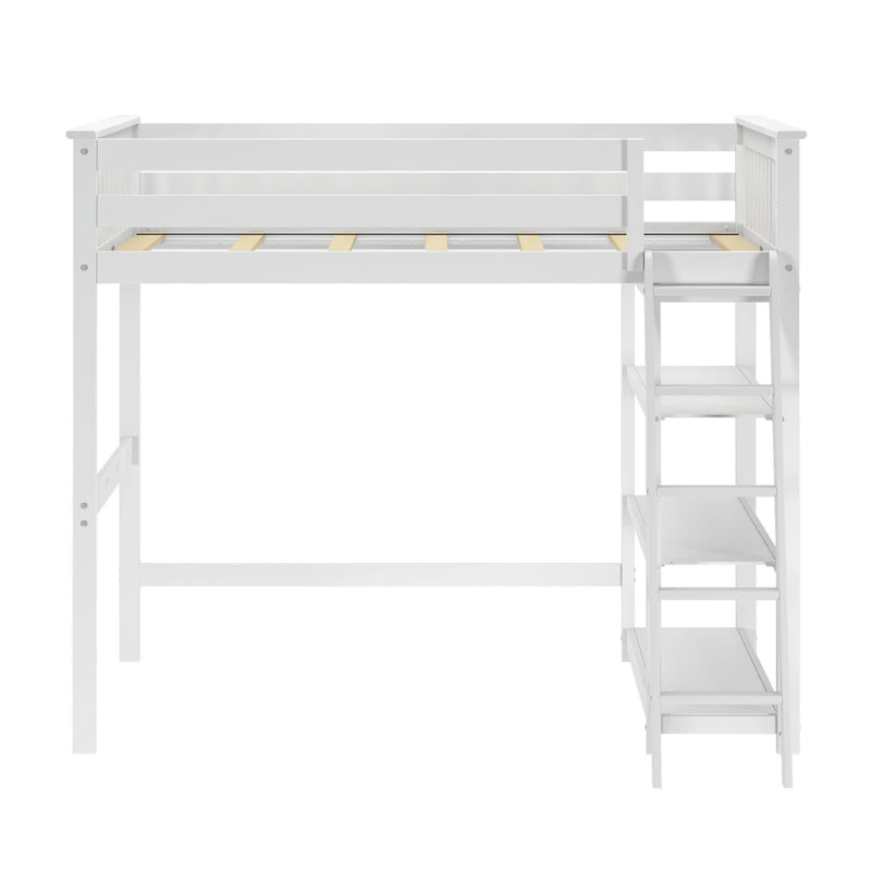 White loft bed frame with integrated ladder and shelving, perfect for maximizing space in a modern bedroom setup.