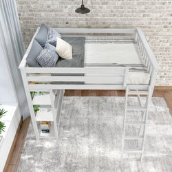 White loft bed with ladder and built-in shelves against a brick wall in a modern bedroom.