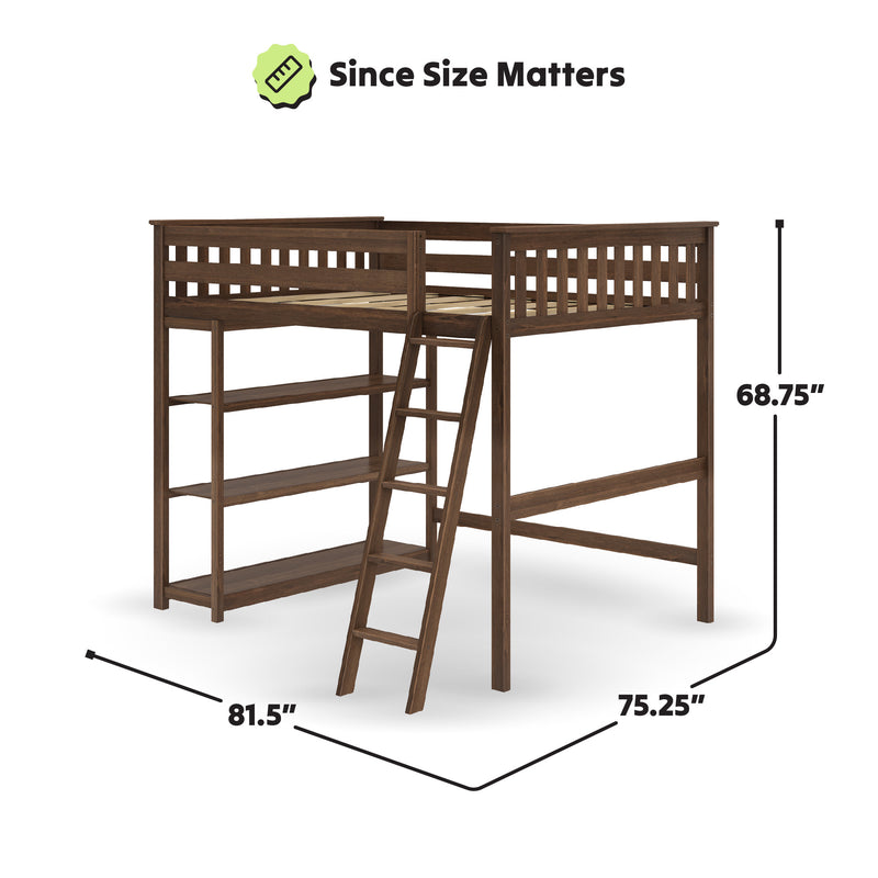 Wooden loft bed with integrated shelves and ladder, dimensions 81.5" x 75.25" x 68.75", ideal for maximizing space in small bedrooms.