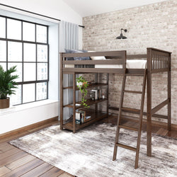 Stylish loft bed with integrated bookshelves in a modern bedroom featuring brick wall and wooden flooring.