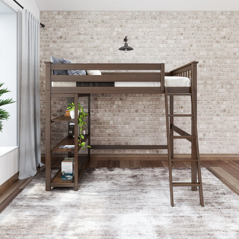 Modern loft bed with integrated wooden shelves and ladder in stylish bedroom interior.
