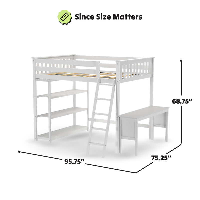 White loft bed with built-in desk and shelves, featuring dimensions of 95.75" x 75.25" x 68.75".