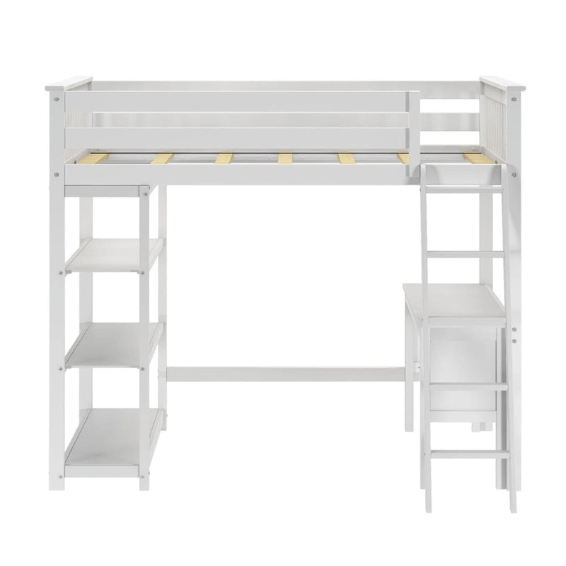 White wooden loft bed with integrated shelves and ladder.