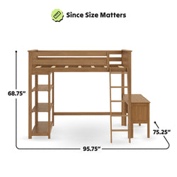 Wooden loft bed with integrated shelves and desk, dimensions 68.75 inches high, 95.75 inches wide, 75.25 inches deep, ideal for maximizing bedroom space.