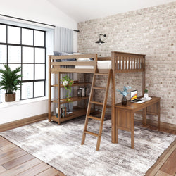 Wooden loft bed with built-in desk and shelf, ideal for maximizing small bedroom space.