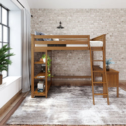 Stylish wooden loft bed with built-in desk and bookshelves in a modern bedroom with brick wall and natural light.