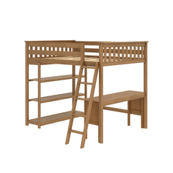 Wooden loft bed with ladder and integrated desk and shelves for small space living.