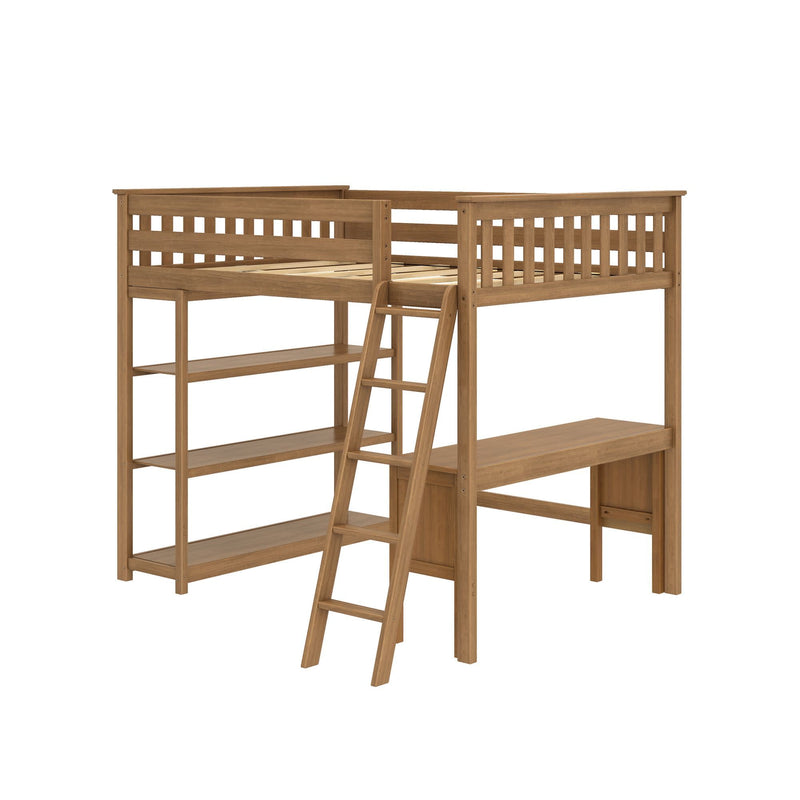 Wooden loft bed with ladder and integrated desk and shelves for small space living.