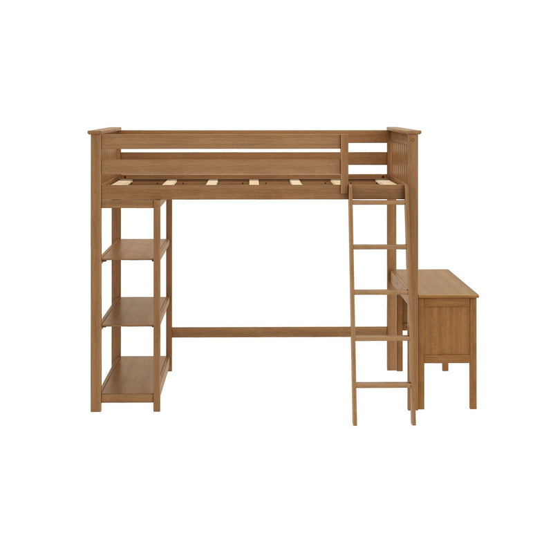 Wooden loft bed with integrated ladder, desk, and storage shelves for kids' room furniture.