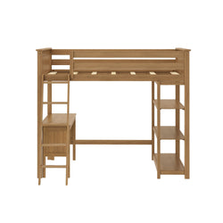 Wooden loft bed with built-in desk and shelves for space-saving bedroom furniture.